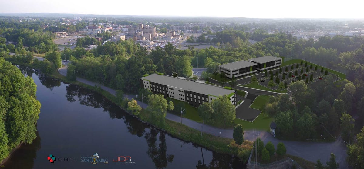 Une illustration montrant, au premier plan, le CHSLD de 99 lits dont la construction vient de s’amorcer près de l’hôpital, et