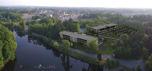 Une illustration montrant, au premier plan, le CHSLD de 99 lits dont la construction vient de s’amorcer près de l’hôpital, et