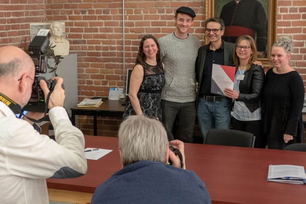Linda Rivest, Vincent Leclerc, Gilles Desjardins, Suzanne Marcotte et Dominique Beauregard lors du lancement de la campagne E