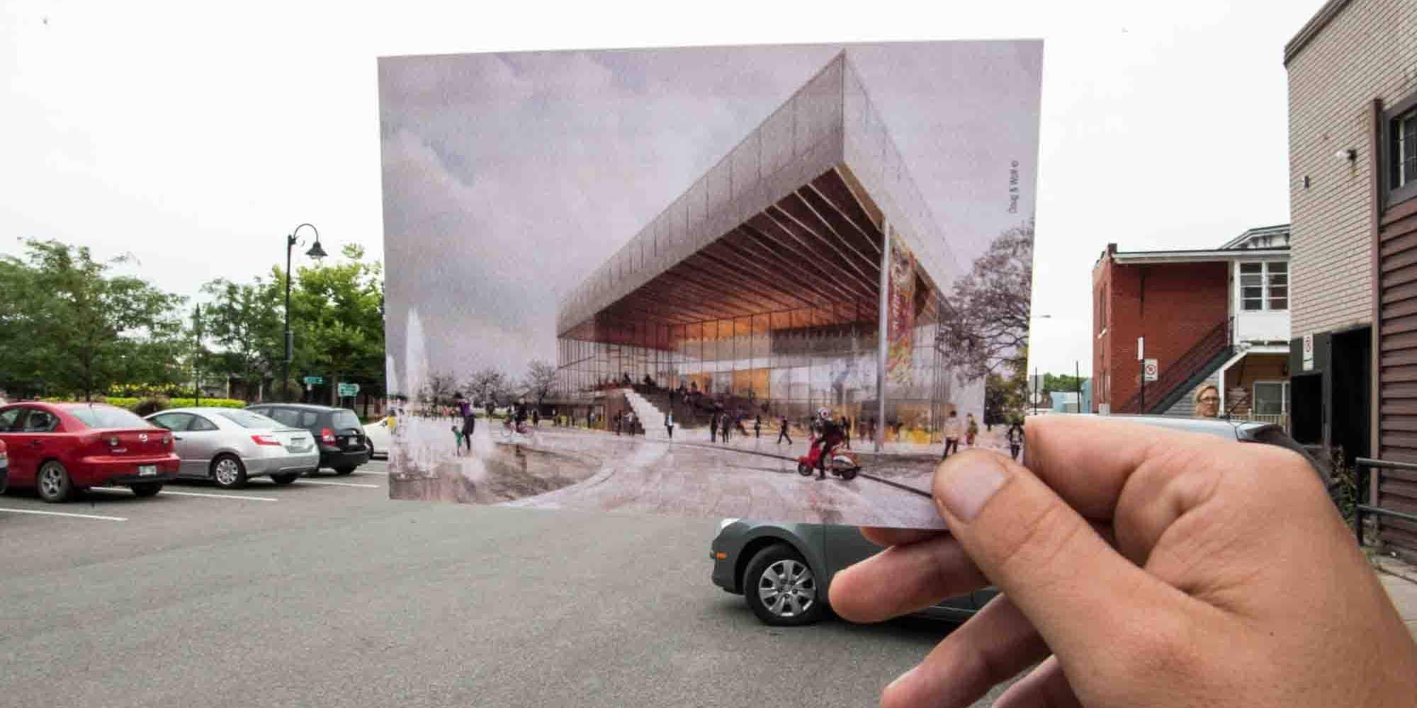 Voici à peu près ce que ça donne, si on place la projection de la nouvelle salle dans la réalité actuelle, lors du dévoilement en septembre 2014.