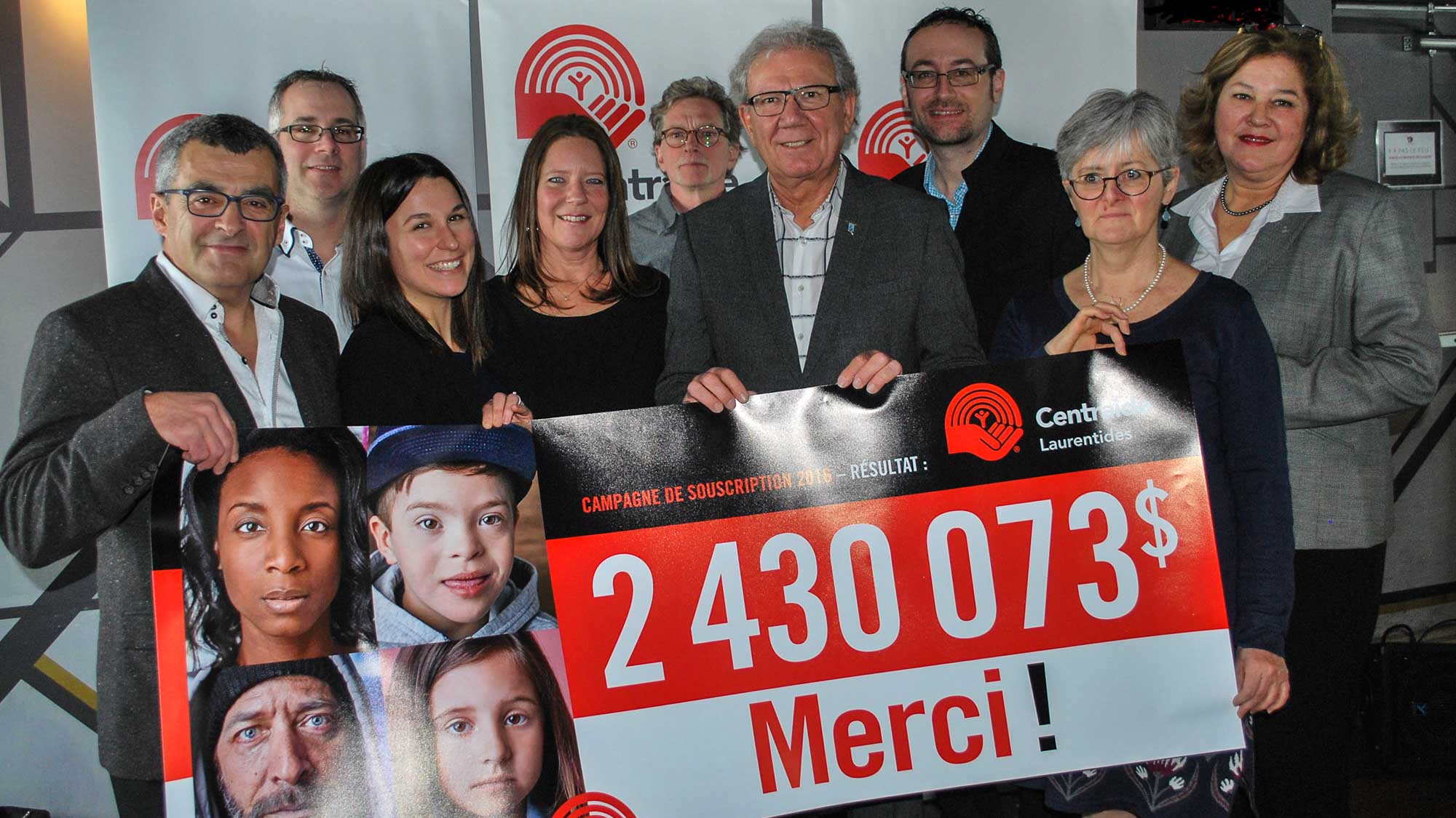 Les membres du cabinet de la campagne de souscription 2016 de Centraide Laurentides: André Arcand(responsable Hydro-Québec), Crystian Darveau(président Aéronautique), Marie-France Phisel de Centraide Laurentides, Christine Vachon(représentante Communautaire), Henri Prévost (responsable Municipalités), le président de la campagne 2016 Jacques Gariépy, Alain Paquette (responsable Santé), la directrice de campagne Liette Allaire et Suzanne M. Piché, directrice générale de Centraide Laurentides.