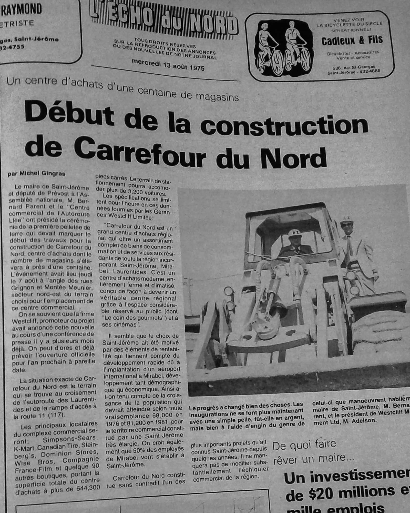 La page Une de L'Écho du Nord du 13 août 1975, alors que débutait la construction du Carrefour du Nord.