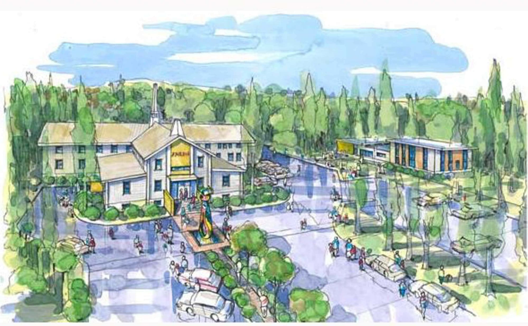 Une esquisse montrant le futur complexe Amélio. On reconnaît aisément la chapelle de l’ancien monastère des Recluses missionnaires.